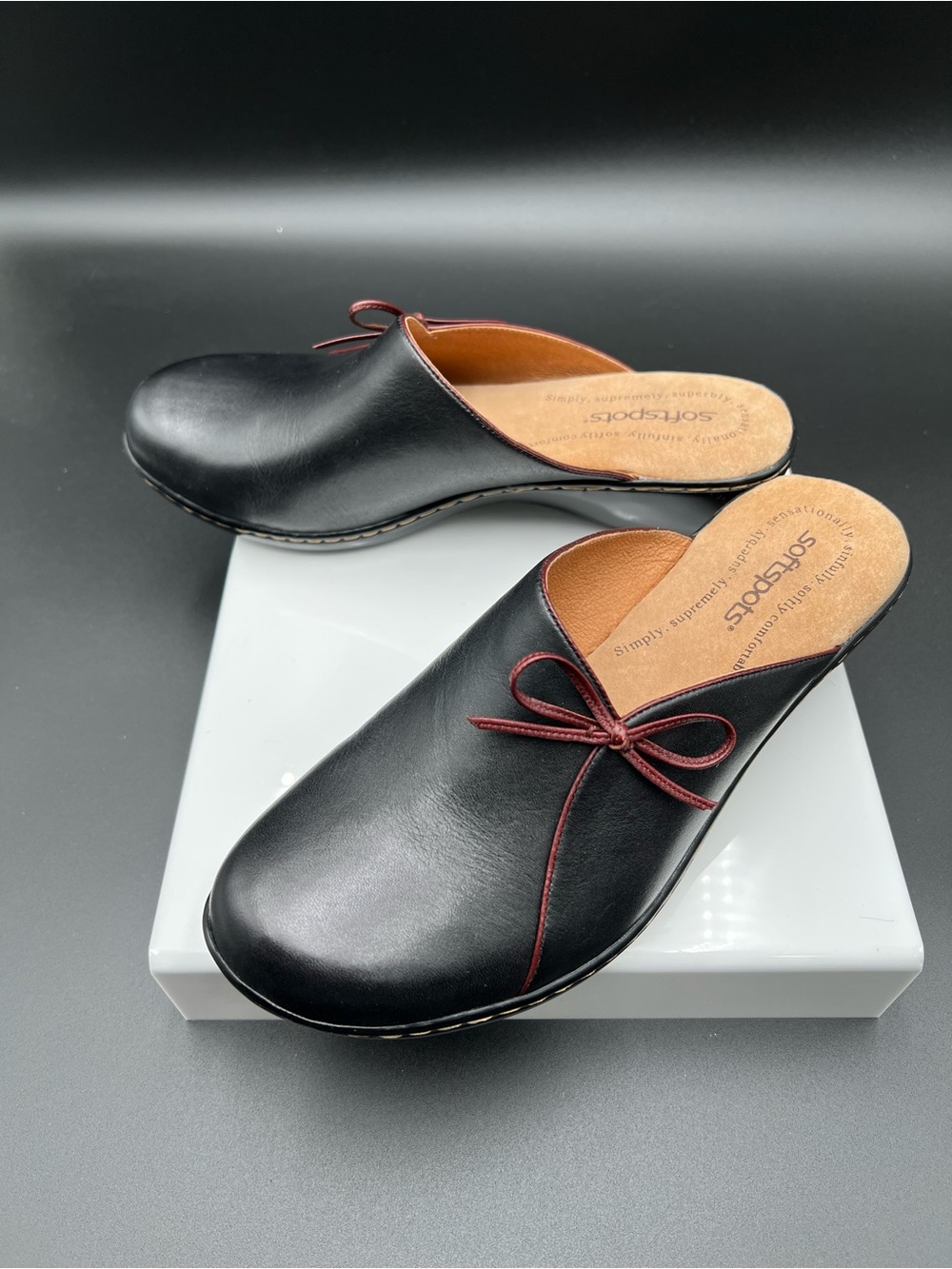 Softspots Black Leather Slip-On Clogs with Burgundy Trim